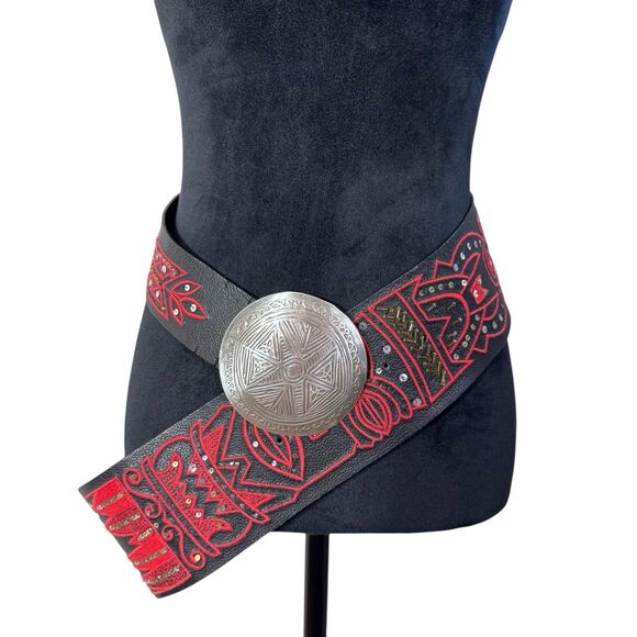 CHICO'S Ethnic Tribal Med.  Leather Wide Slouchy Belt Silver Medallion Buckle - Picture 1 of 8